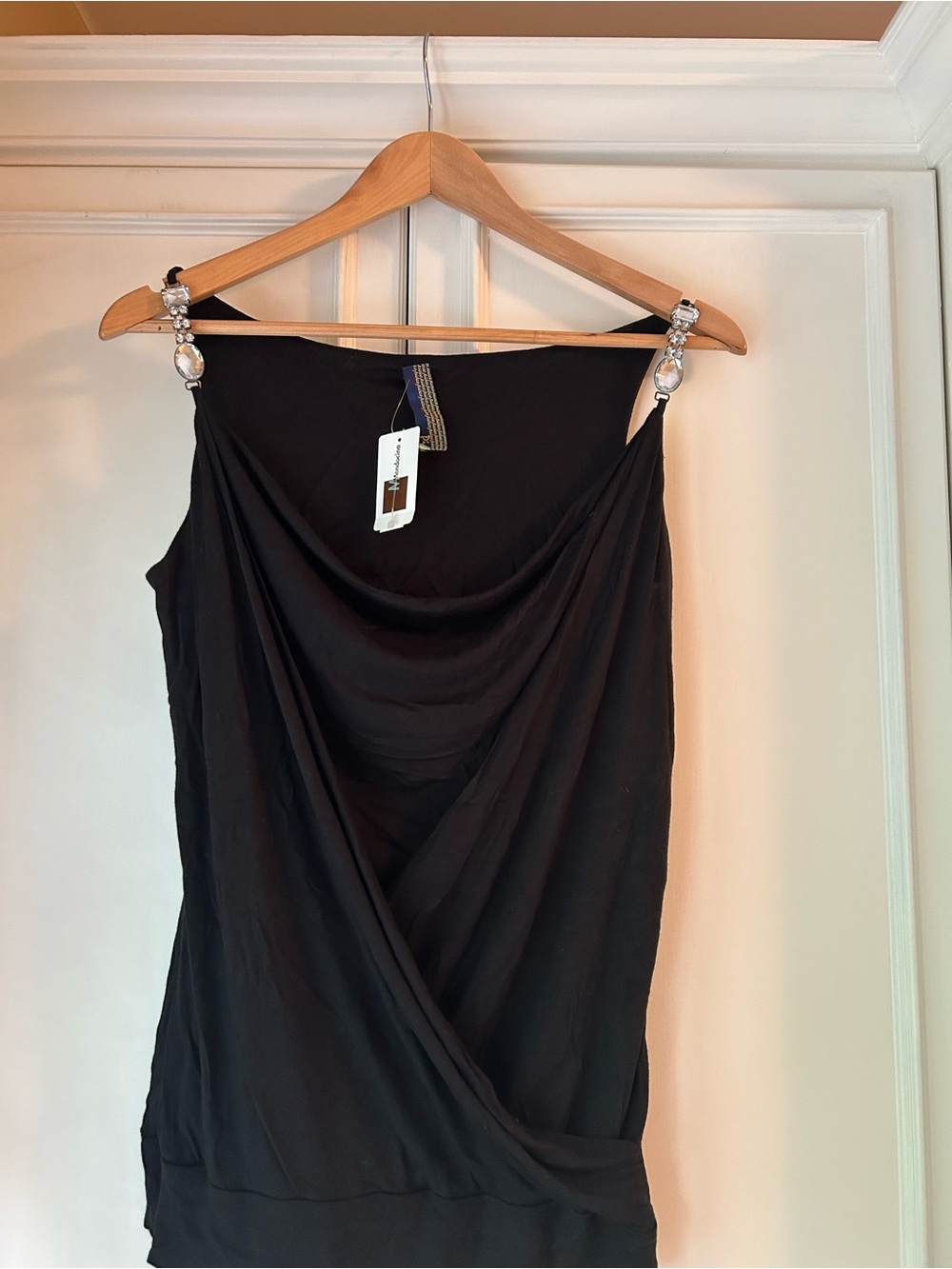Black Draped Top with Crystal-Embellished Straps -NWT